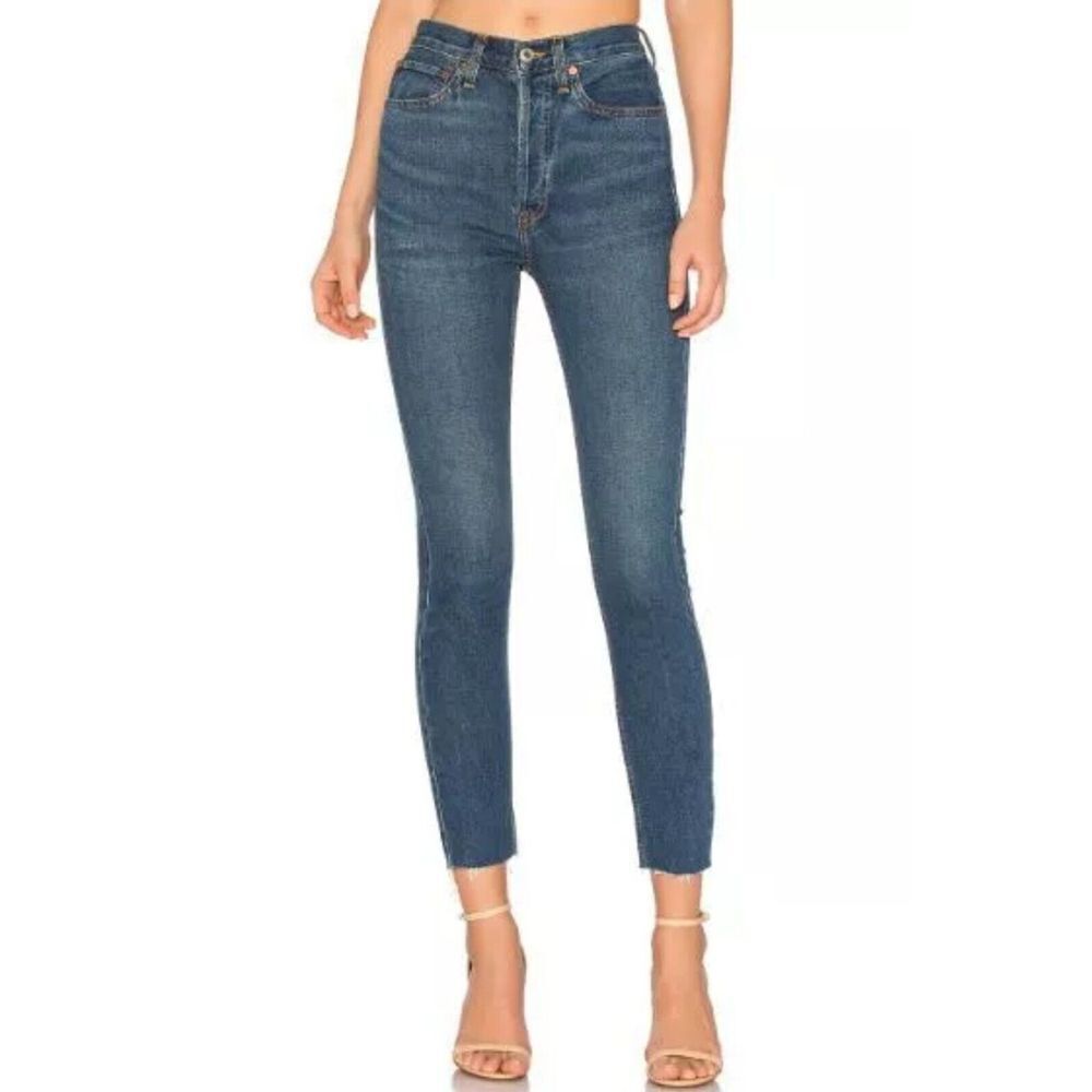 Re/Done Originals High Rise Frayed Hem Ankle‎ Crop Stretch Denim Jeans Button 25